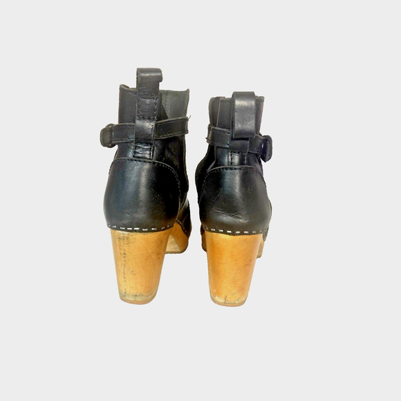 Swedish Hasbeens Jodhpur Toffel Wood Clog Black Leather Strap Boots - Picture 4 of 16